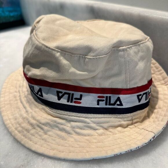 Fila Logo Cotton Twill Reversible Bucket Hat Tan Multi Small/Medium - Picture 2 of 4
